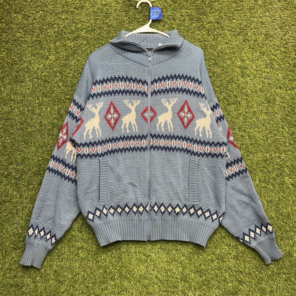 Vintage Grandpa Sweater Nordic Mens XL Cardigan Zip Deer Knit Christmas Aztec